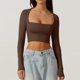 thumbnail image 4 of Haut à col carré pour femmes, haut décontracté à manches longues, pull court, chemise de sortie, 4 of 6