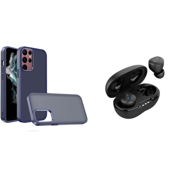 BD Slim Hybrid Case for Samsung Galaxy S23 Ultra Case (Dark Navy Blue) Frosted Back Protector TPU Cover with Noise-Cancelling Wireless Earbuds with Charging Case