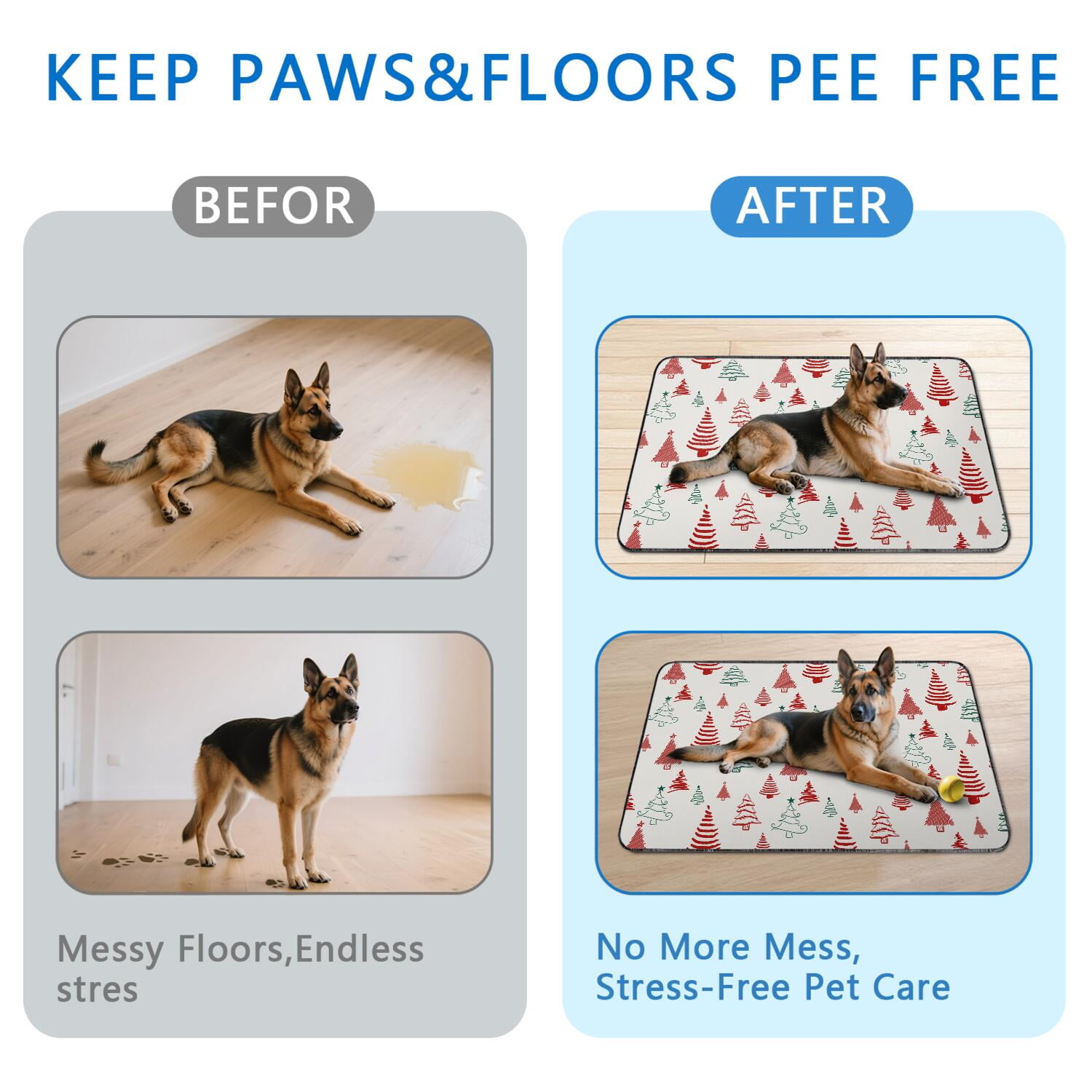 Christmas Red and Green Washable Dog Pads 48"x48" 2-Pack, Super Absorbent Reusable Puppy Pee Mats with Holiday Themes for Large Area Management