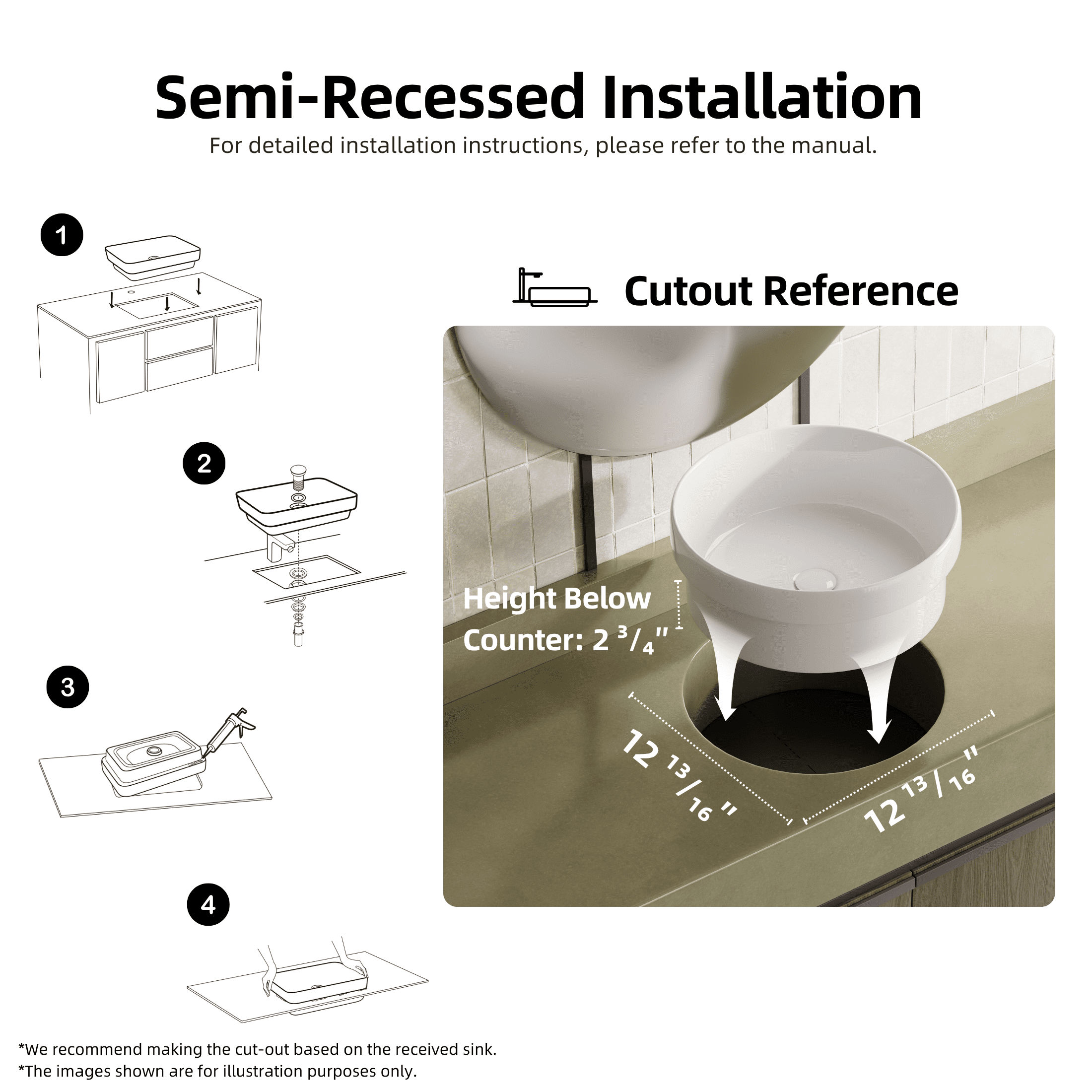 Los Flexi 14" Round Ceramic Semi-Recessed Bathroom Sink without Overflow, White Vessel Basin with Glossy Scratch-Resistant Finish, Drop-In or Countertop Installation