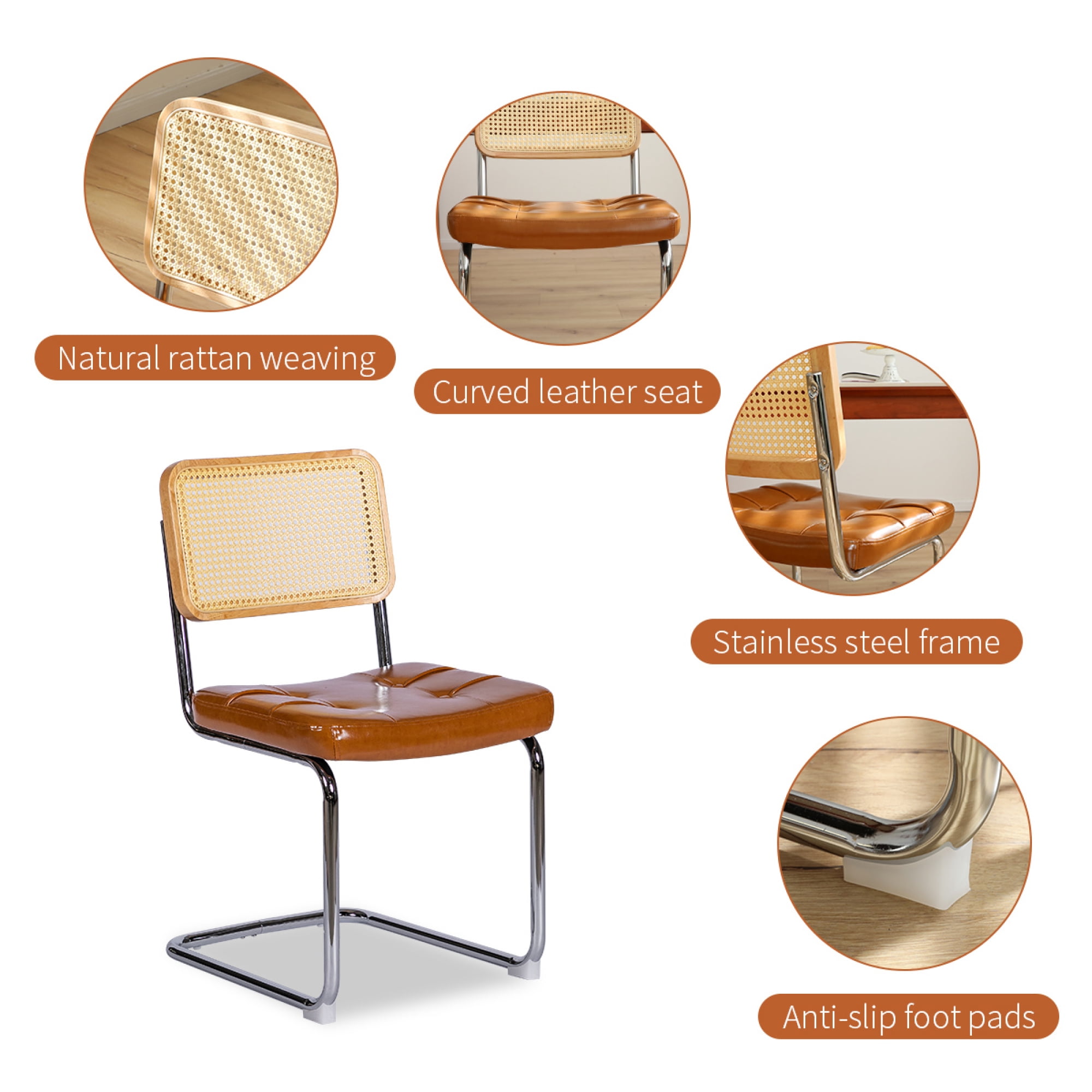 Leumius Set of 2 Dining Chairs, Faux Leather Rattan Side Accent Chairs with Chrome Legs, Modern Mid Century Breuer Designed Chairs for Dining Living Room Kitchen (Brown)