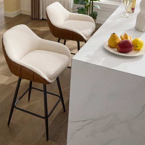 Huloretions Swivel Bar Stools Set of 2, 26" Modern Counter Height Bar Stools for Kitchen Island, Upholstered Sherpa Fabric Barstools Island Chairs with Backs and Metal Legs, Brown PU and Cream White