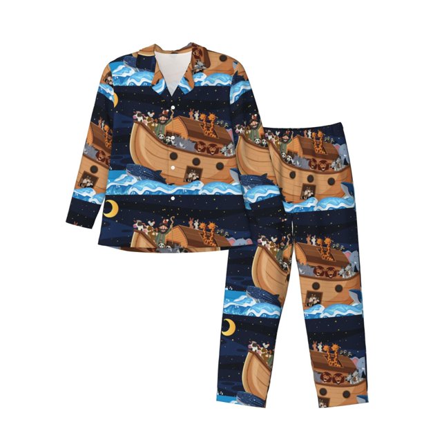 Balery Ocean Scene with Noah's Ark Pijama para Hombre de Dos Piezas con Manga Larga, Conjunto de Dormir y Descanso Suave con Bolsillos-Small