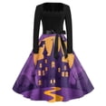 thumbnail image 1 of Vestido vintage de Halloween para mujer, vestido con estampado de murciélago, manga larga y cinturón, 1 of 3