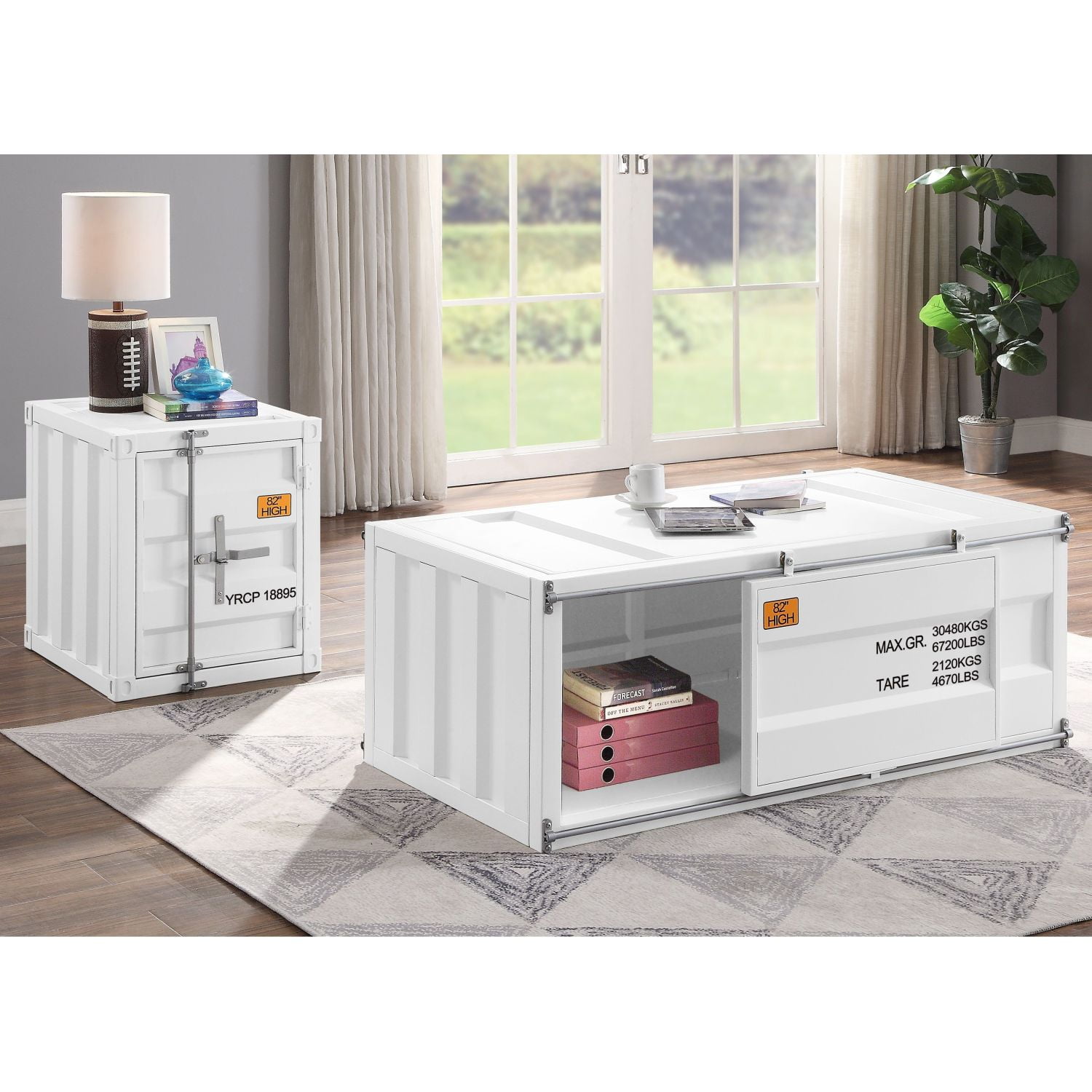 White Metal Rectangular Coffee Table with Storage
