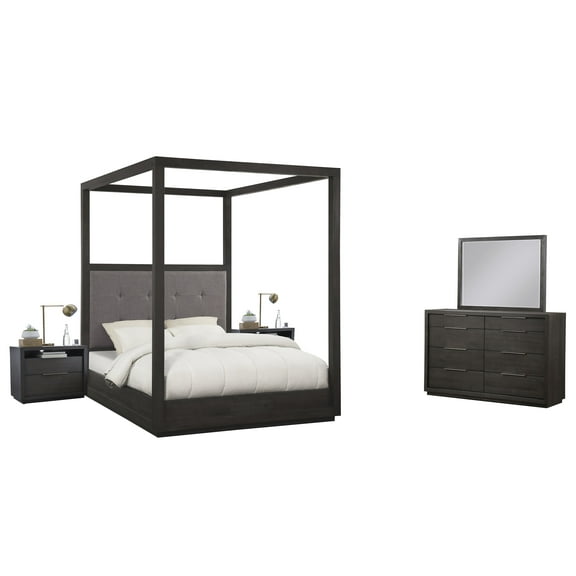 Outbound 5PC Queen Canopy Bed, 2 Nightstand, Dresser & Mirror Set in Weathered Grey