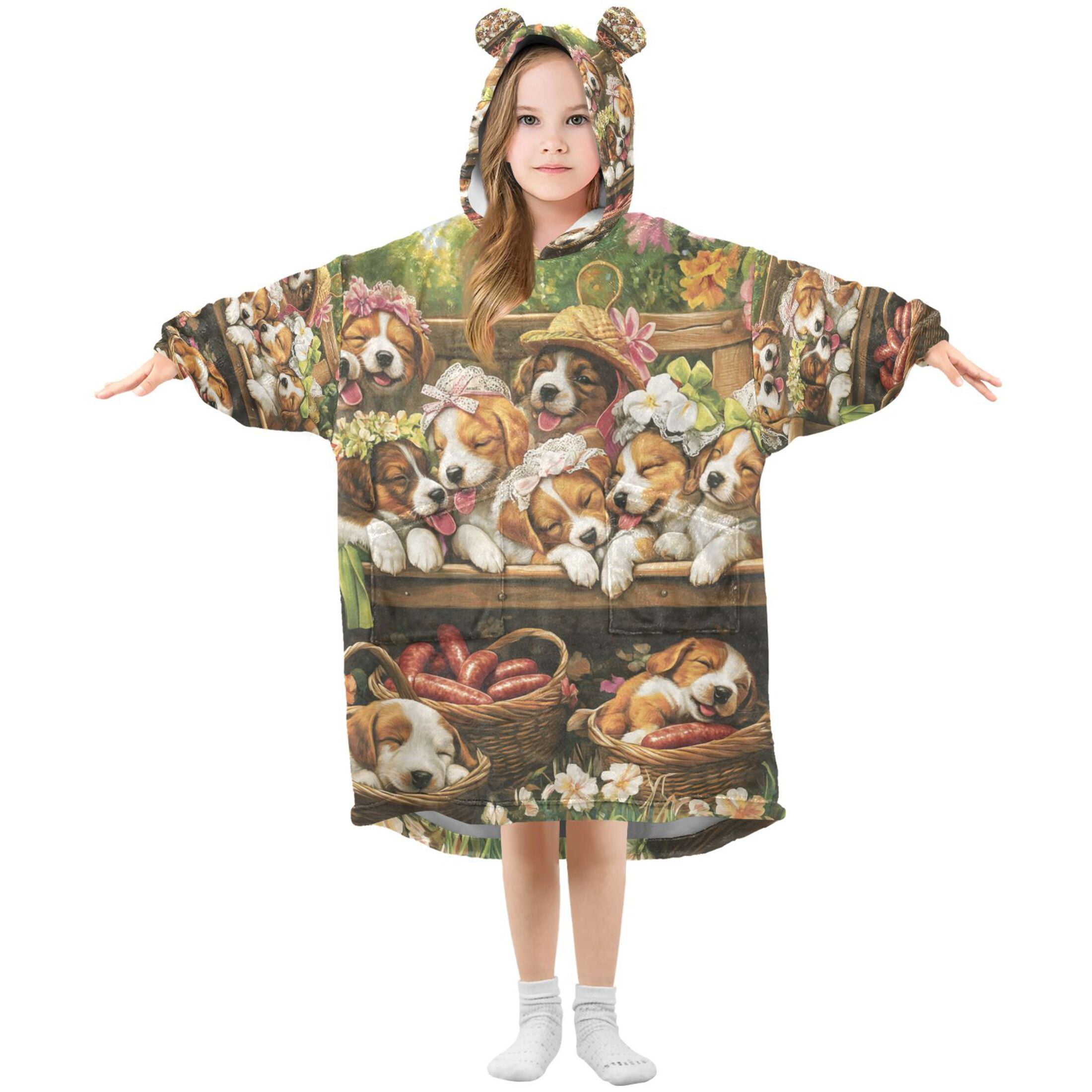 YAZAOO Kids Wearable Blanket Hoodie Warm and Cozy Puppy Playdate in Bloom Flannel Sweatshirt