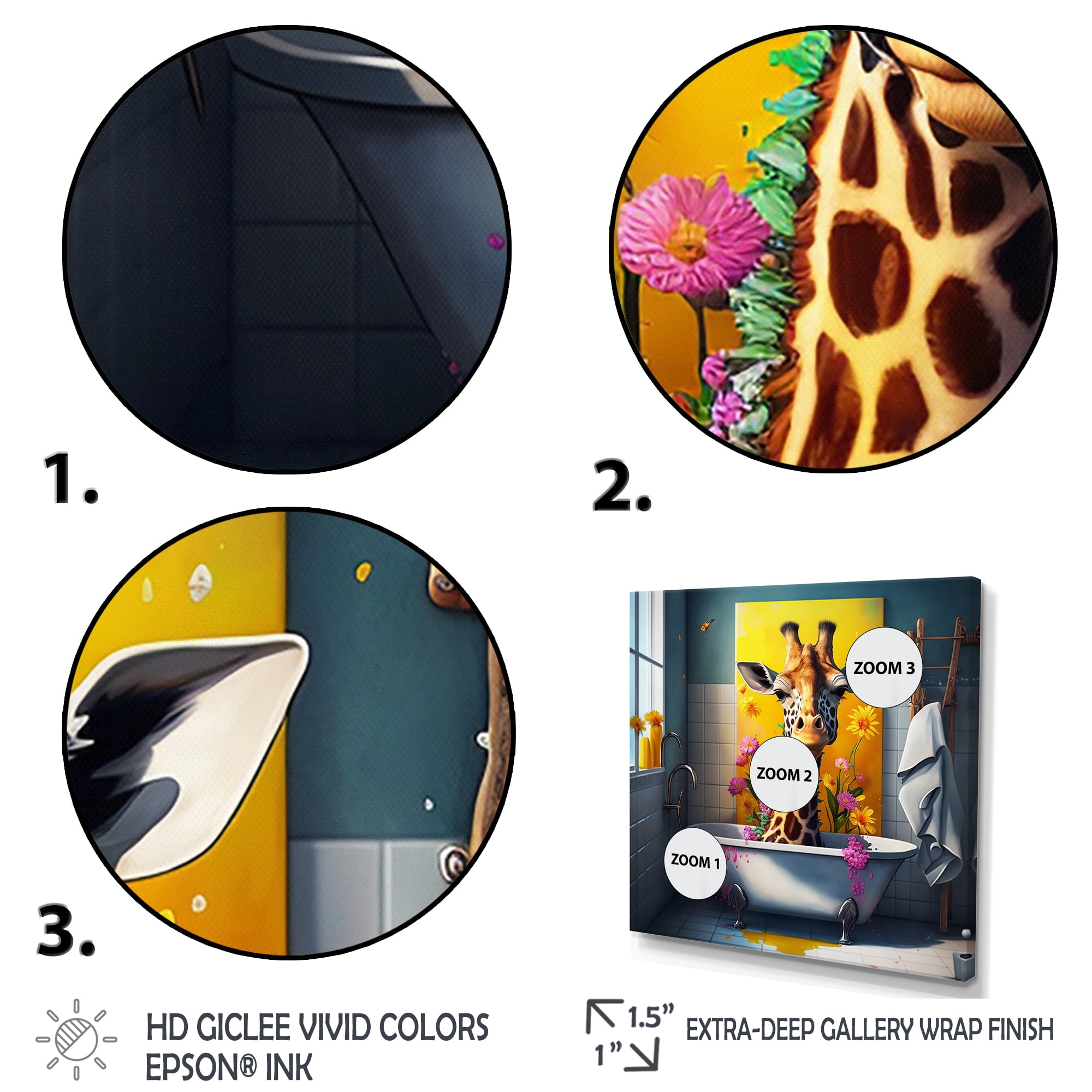 Designart Giraffe Caricature Splashing Around In A Flower Bath II Canvas Wall Art