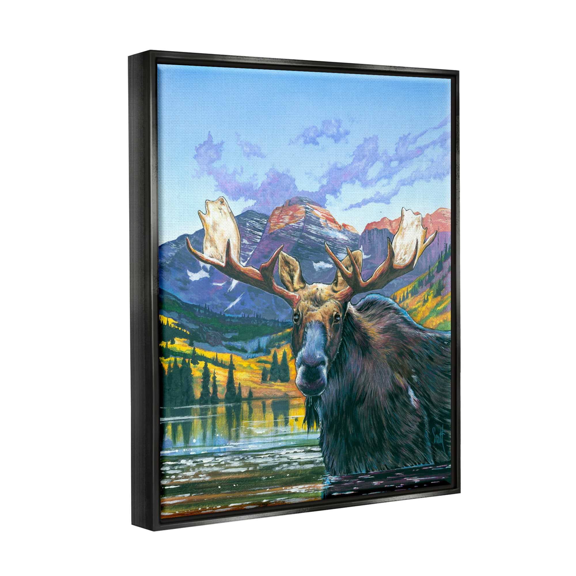 Stupell Industries Moose in River Painting Animals & Insects Painting Black Floater Framed Art Print Wall Art, 25 x 31