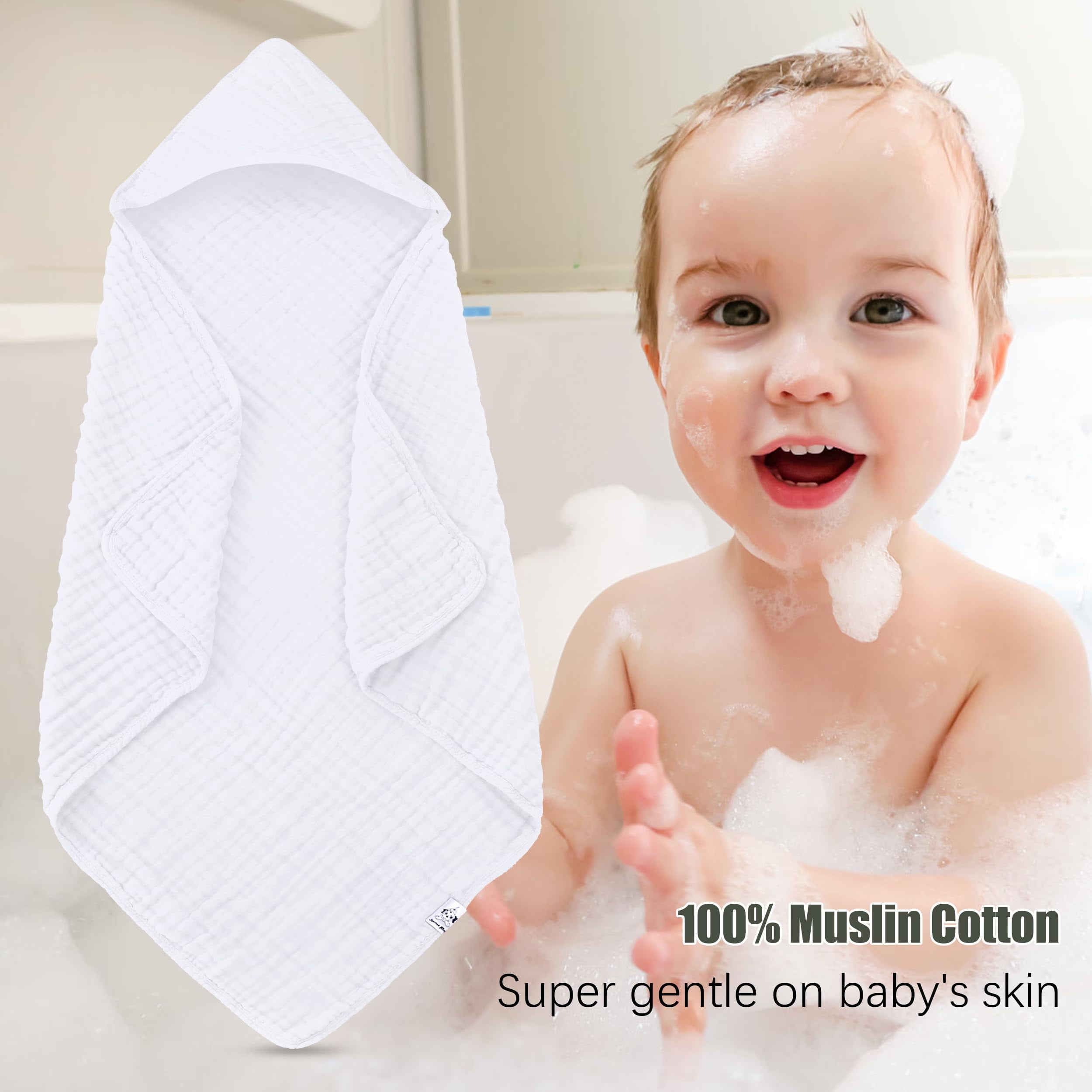 2 Pack Hooded Baby Towels - 100% Muslin Cotton for Newborns, Infants, Toddlers - Large 32x32Inch Size - Highly Absorbent and Essential for Newborn Care