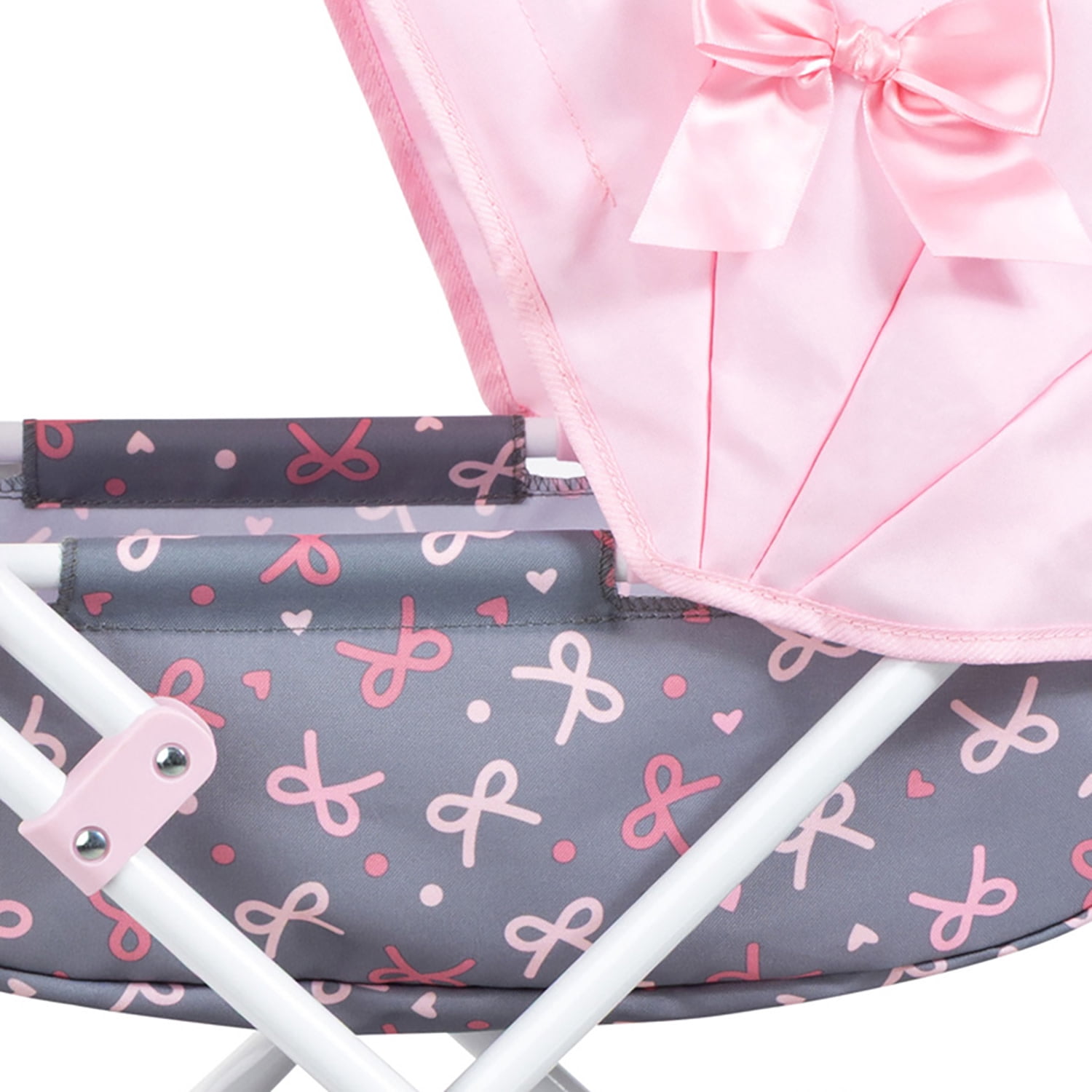 Bayer Design: Doll Pram Cosy - Pink-Grey-Ribbon - Play Push Stroller, Handbag, Blanket & Pillow, Folding, Toy Care Accessory Fits 18" Dolls, Kids 3+