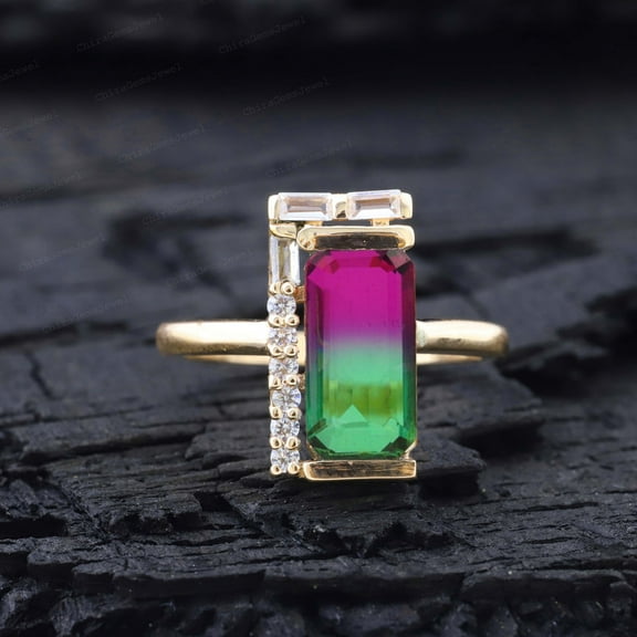 CHIRAGEMSJEWEL 12X7MM / 3 Ct Watermelon Tourmaline Engagement Ring - Diamond Half Halo Ring Anniversary Gift For Daughter