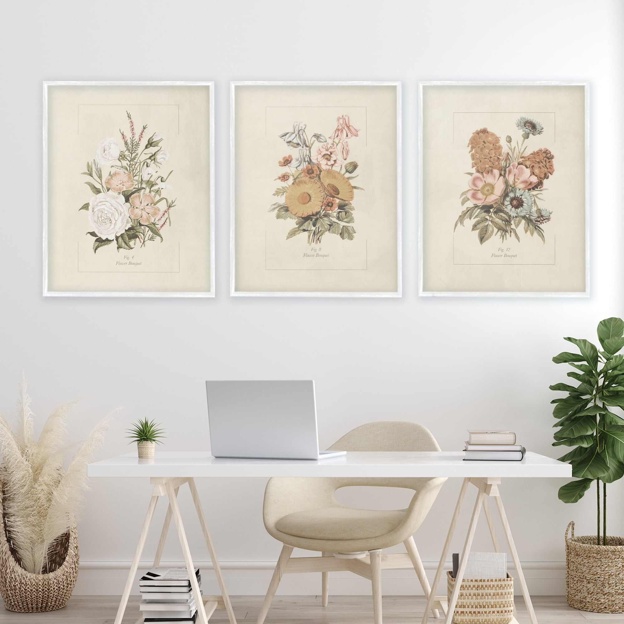 Stupell Industries Neutral Bouquet Studies 3 Piece White Framed Giclee Art Set, design by Dan Meneely