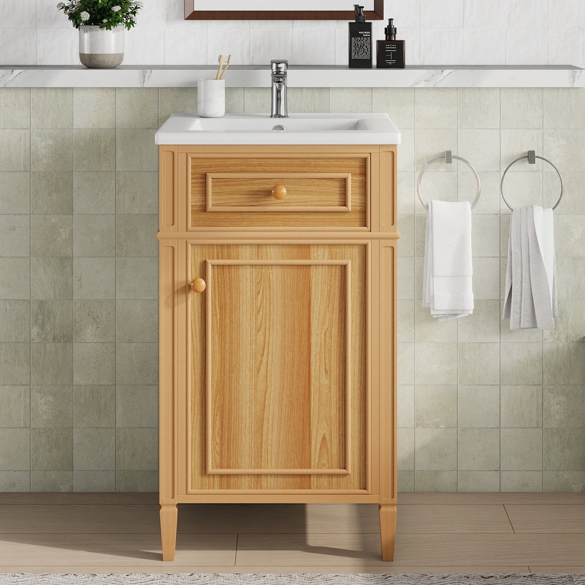 Euroco 20-Inch Wood Bathroom Vanity with Sink, Solid Wood Legs, Adjustable Shelf, Tilt-Out Drawer, Wood Knobs, Modern Freestanding Cabinet for Small Bathroom