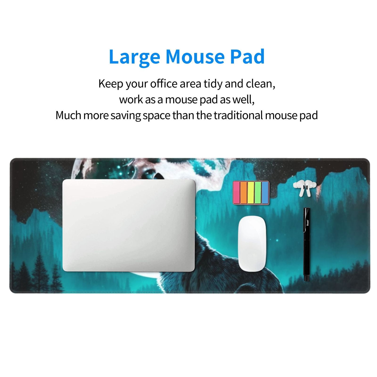 Wolf Howling River Night Moon Cool Mouse Pad Extended Large Gaming Mousepad Non-Slip Rubber Big Keyboard Desk Mat 31.5 X 11.8 Inch