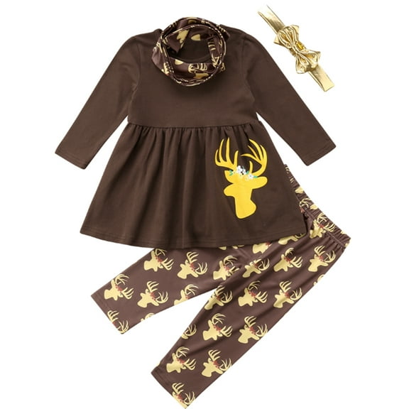 Little Girl Reindeer Long Sleeve Top with Pants and Scarf Headband 4 pcs Christmas Outfits (80/2T)