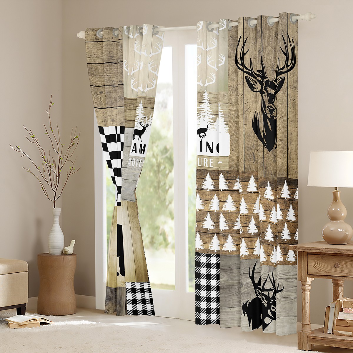 jejeloiu Safari Bear Moose Curtains Pack of 2 (42x84 Each),Jungle Wildlife Curtains Blackout,Old Barn Door Bedroom Curtains For Boys Kids,Microfiber Bedroom Decoration