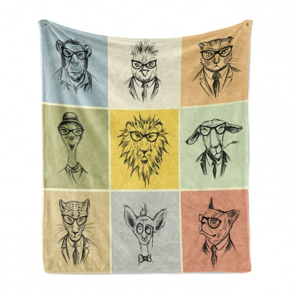 Modern Soft Flannel Fleece Blanket, Hipster Animals Monkey Camel Cat Lion Goat Tiger Business Man Glasses Illustration, Cozy Plush for Indoor and Outdoor Use, 70" x 90", Multicolor, by Ambesonne