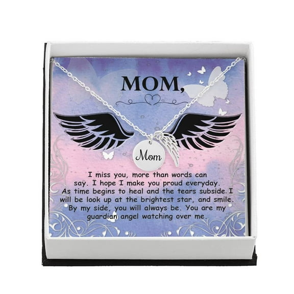 I Miss You More Than Mom Remembrance Necklace Angel Wing Charm, Stainless Steel 18-22'' Chain