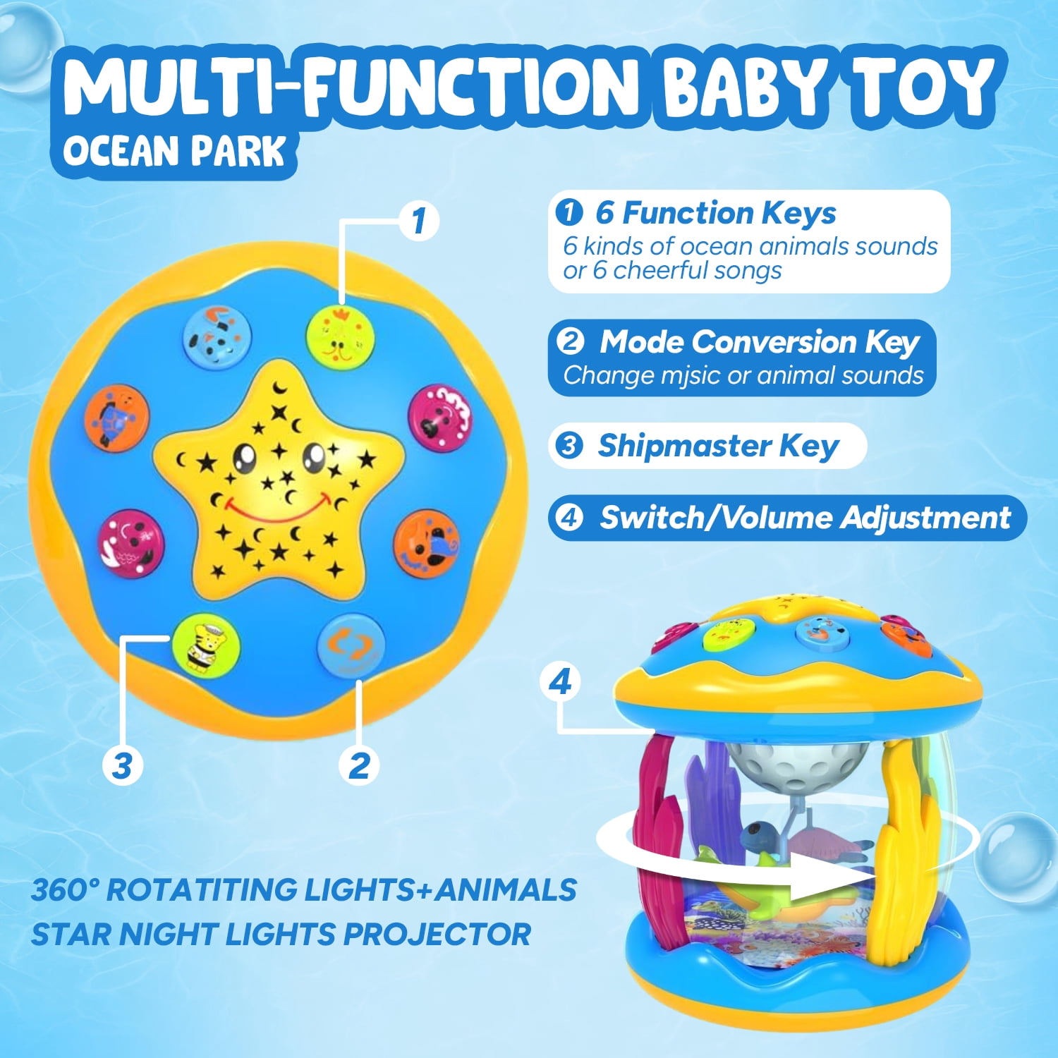 LieGorJi Babies Ocean Rotating Musical Toys, Infant Crawling Tummy Time Toys, Learning Musical Toy, Birthday Gifts for 1-3 3-5 5-8 Year Old (Blue)