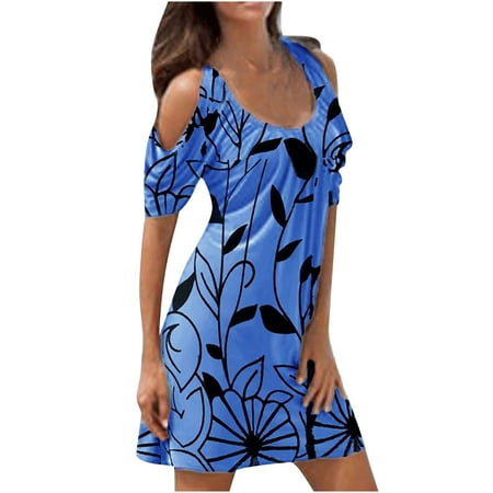Efsteb Women s Formal Dresses Cocktail Trendy Formal Stretch Slim Bag Hip Party Fashion Print Dress Elegant V-Neck Cold Shoulder Dresses Short Sleeve Short Mini Dress Clearance Blue XL