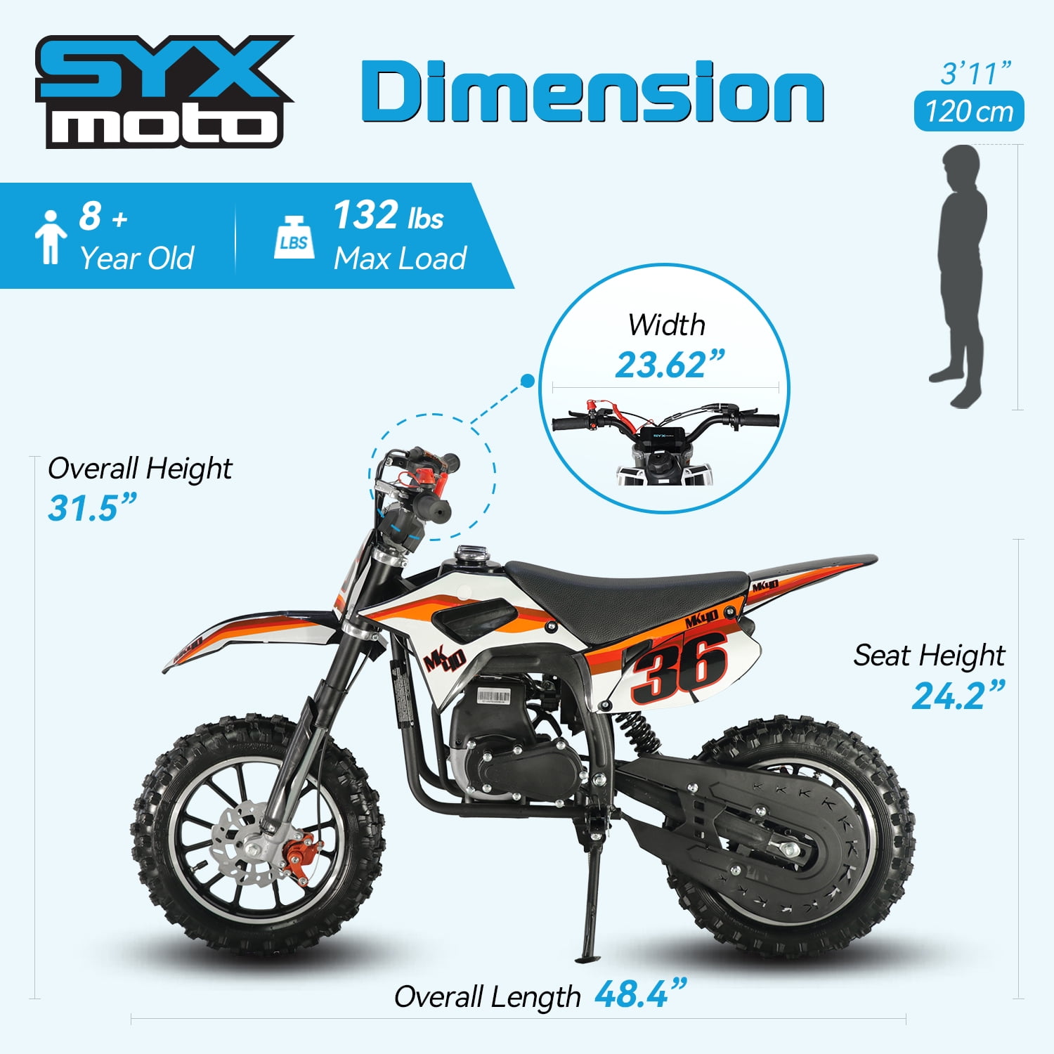 SYX MOTO MK 40cc 4 Stroke Mini Dirt Bike, Pull Start Automatic Transmission Pit Bike for Kids, Blue