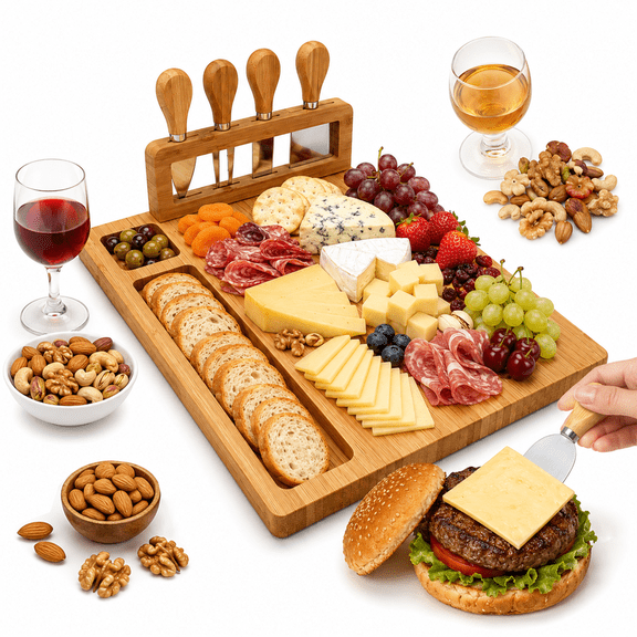 RYLZX Bamboo Cheese Board and Knife Set House Warming Gifts for New Home Gift for Mom Couples Bridal Shower Bridesmaid Gifts (14 x 11 x 0.6 inches)