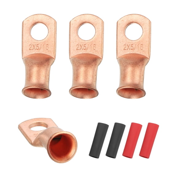 4 Pcs 5/16" Stud 2AWG Battery Cable End with 4pcs 2:1 Heat Shrink, Gold