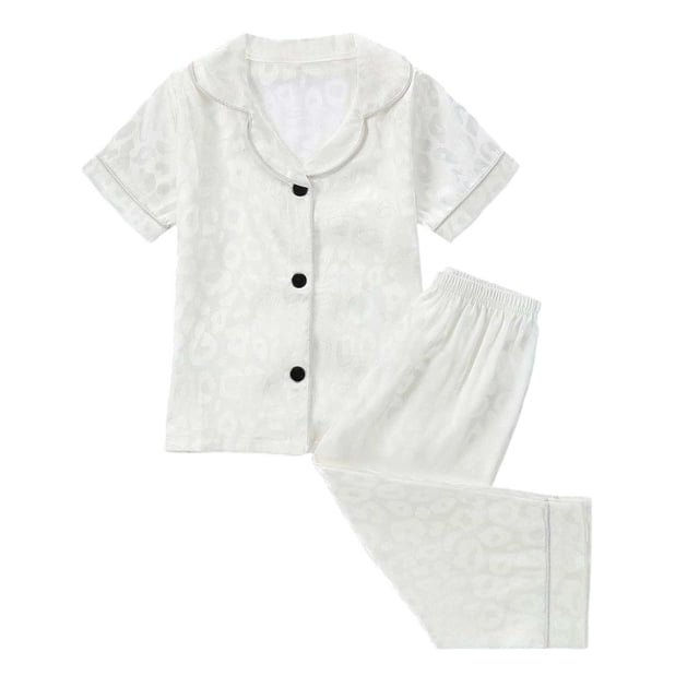 Wxirdiow Girls Summer Pajamas Girls Pajamas Set Button Down Notch Collar Soft Short Sleeve Pjs Set with Long Pant Set Lounge Set White Size,8-9 Years