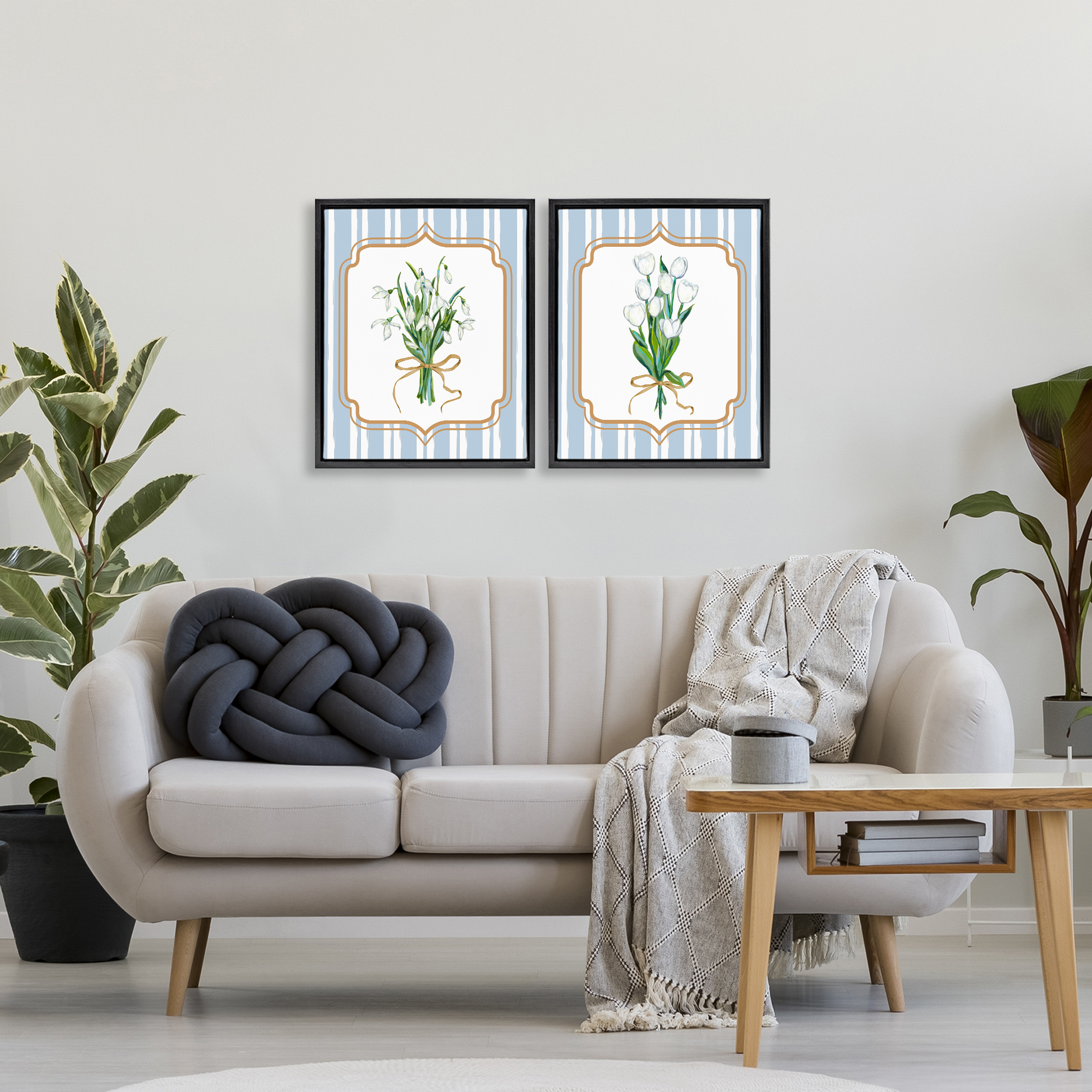White Flowers Classic Stripes 2 Piece Black Framed Floater Canvas Set, design by Adonna Ebrahimi