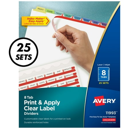UPC: 0072782119935 | Avery 8 Tab Dividers for 3 Ring Binder  Easy Print & Apply Clear Label Strip  Index Maker Customizable Pastel Tabs  25 Sets (11993)