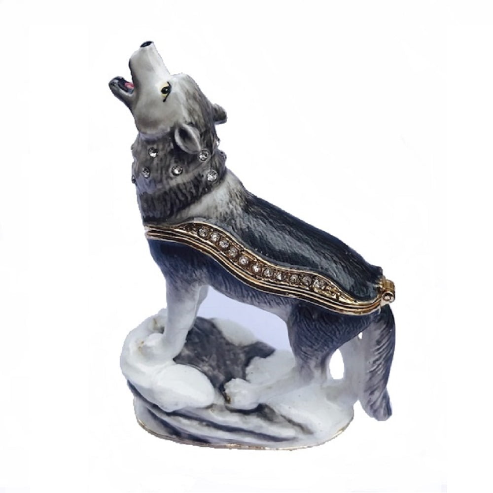 Howling Wolf Bejeweled Enamel Jewelry Trinket Keepsake Box Container