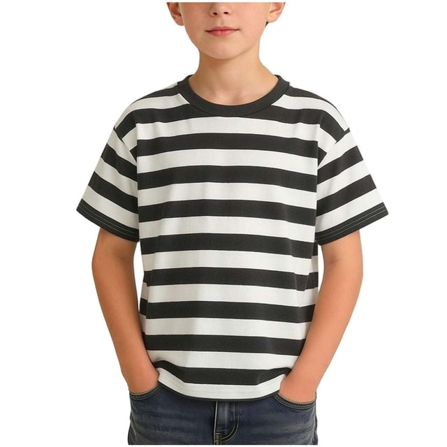 Zpanxa T-Shirts pour Garçons à Rayures Col Rond Manches Courtes Tee Été Décontracté Vêtement d'Extérieur Haut en Coton 13-14 Ans