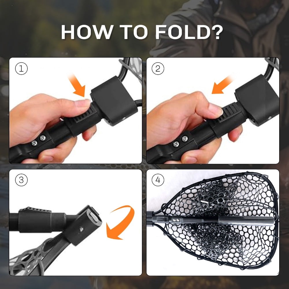 Collapsible Fly Fishing Landing Net with Soft Rubber Mesh, Safe Catch & Release Design, Aluminum Alloy Frame, Comfort EVA Handle and Durable Carabiner
