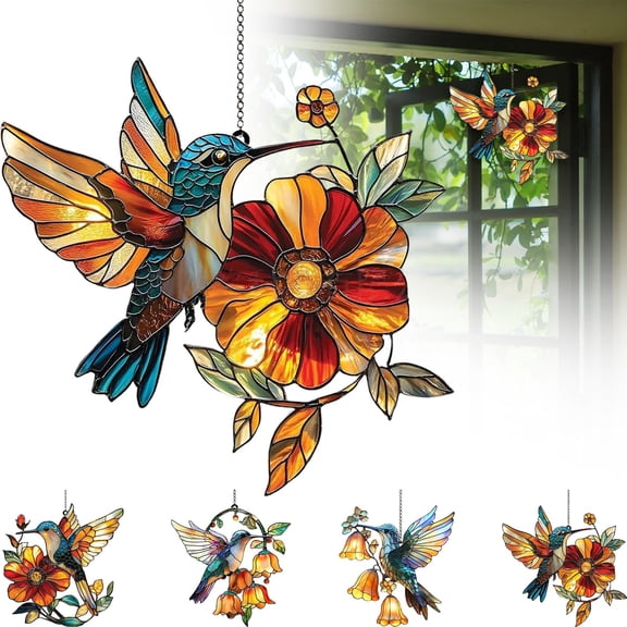 HomelyJoy Hummingbird Gifts for Women Acrylic Suncatcher Colorful Hummingbird Window Hanging Decor Stained Glass Style Bird Ornament for Mom Home Garden, 1 pc