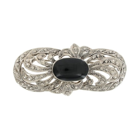 - Silver Tone Black Large Oval Art Deco Revival Pin Brooch