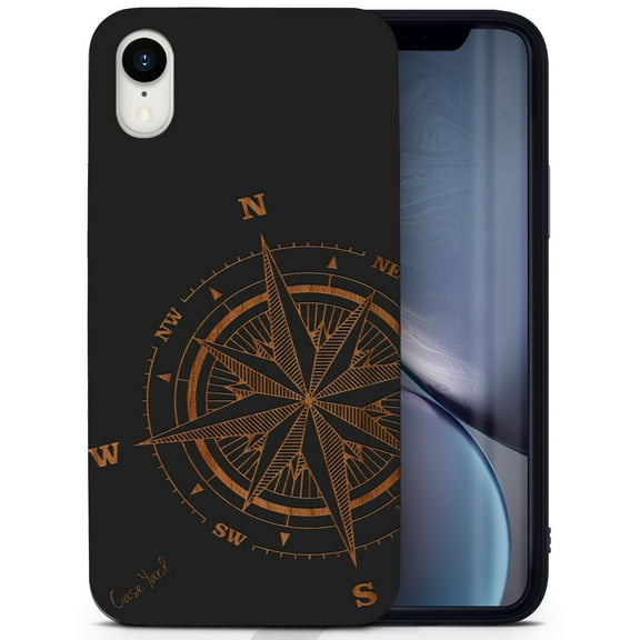 Wood phone case for iPhone XR compatible protective cell phone cover shockproof slim fit laser engraved Compass Rose design Black wood case for Men & Women by CaseYard
