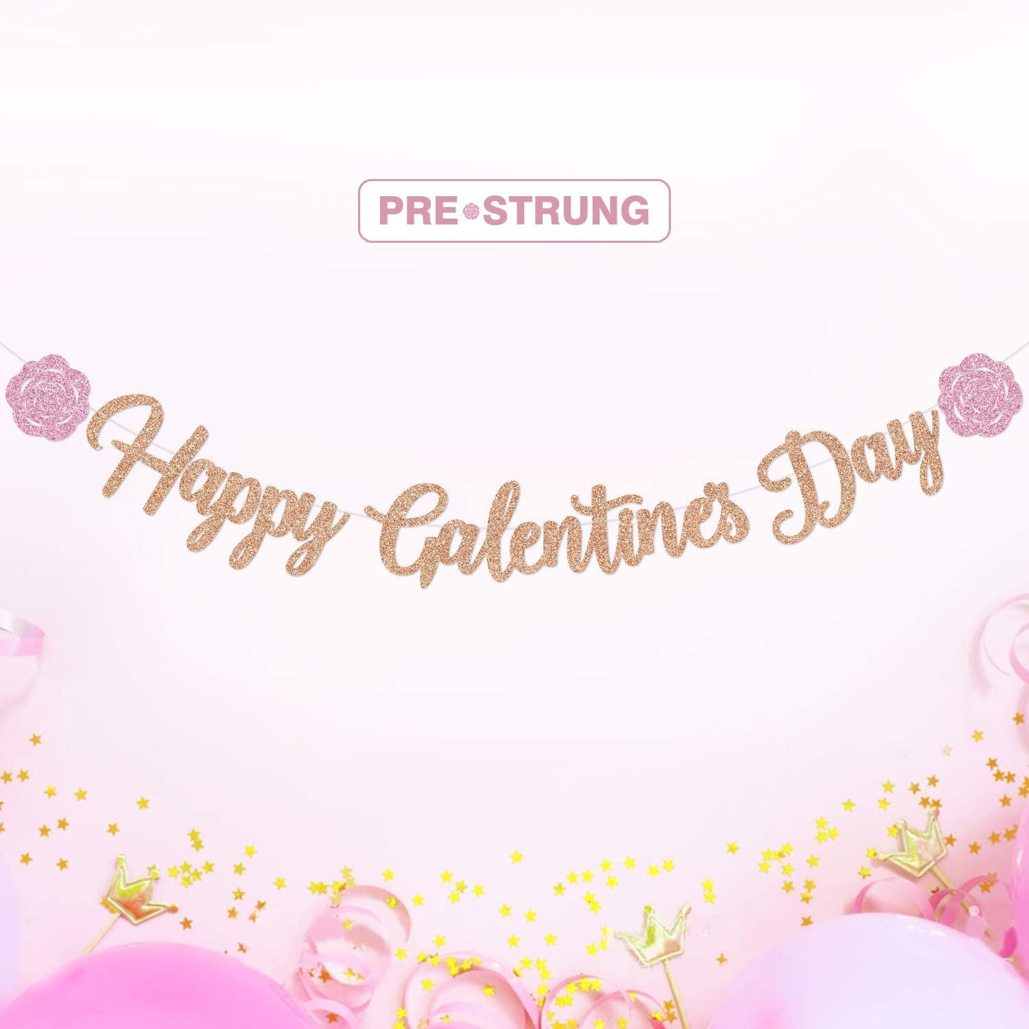 Happy Galentine's Day Banner - Rot, Mit Rosen & Glitzer-Herzen, Vorbespannt Für Valentinstags-Partys