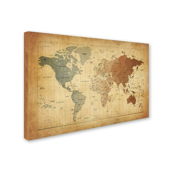 Trademark Fine Art Michael Tompsett Time Zones Map of the World Canvas Wall Art - 22x32
