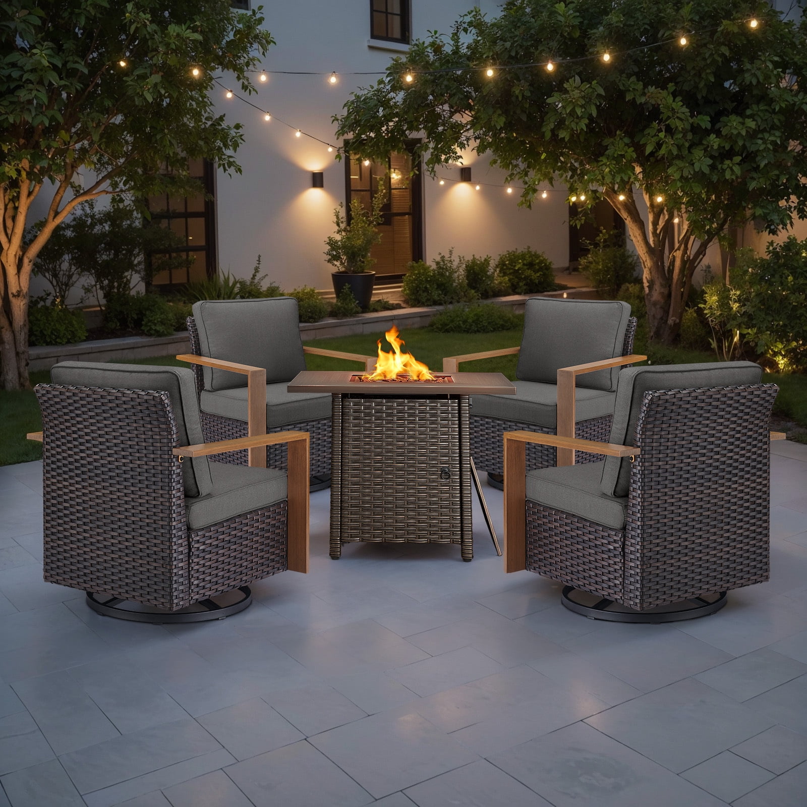 Luxury 5 Pieces Patio Furniture Sets with 50000BTU Propane Fire Pit Table,Outdoor Deep Seating Conversation Set with 4 Swivel Glider Patio Chair for Porch Backyard Balcony