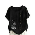 thumbnail image 2 of UPPADA Linen Shirts for Women Casual Loose Fit Summer Tops Floral Print Crew Neck Buttons Shirts Short Sleeve Trendy Blouses Plus Size Tunic Blouse Loose Fit Baggy Daisy Blouses Black,XXXXXL, 2 of 4