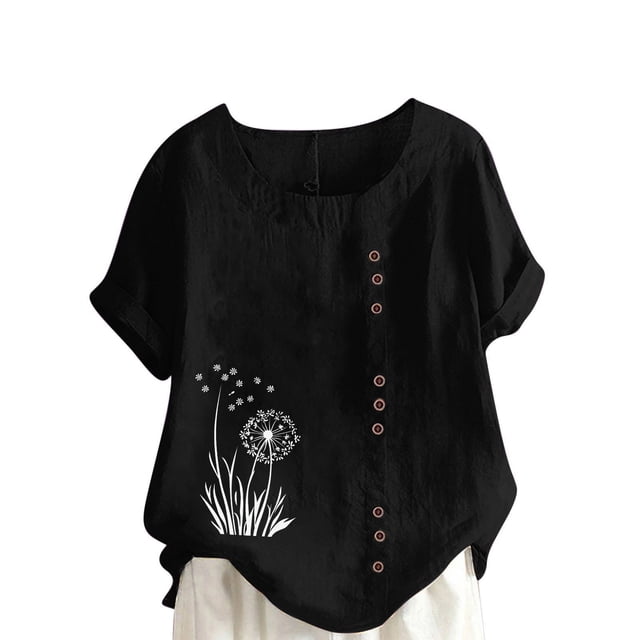 LMKIHUSA Chemises d'Été en Coton pour Femmes 2025 Tunique à Imprimé Floral Boho T-Shirts Manches Courtes Col Rond Mode Décontractée Boutons Blouses Noir,G