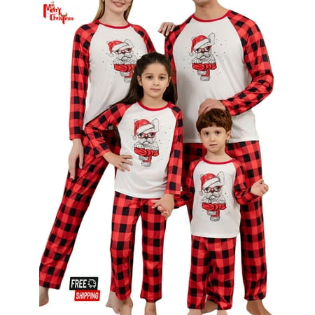 

Christmas Pajamas For Family Santa Claus Print Tops + Plaid Pants Pajamas Set
