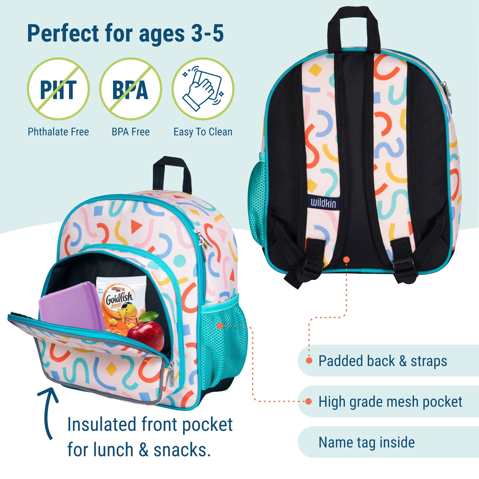 Wildkin Kids 12 Inch Backpack for Toddler Boys and Girls, Insulated Front Pocket (Confetti Peach)
