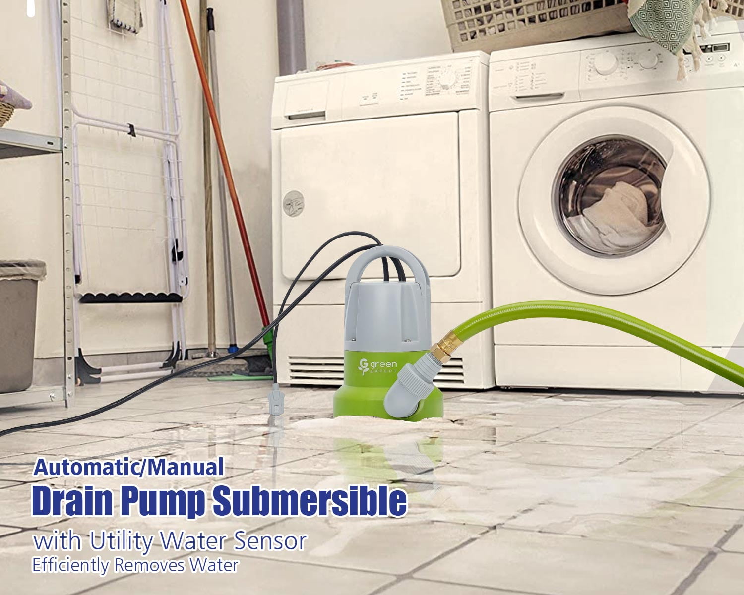 Green Expert 1/3HP Sump Pump Submersible Unique Flow Sensor Switch Last-inch Water Draining Design for Completely Water Removal from Flooded Basement Pools Hot Tub Backyard