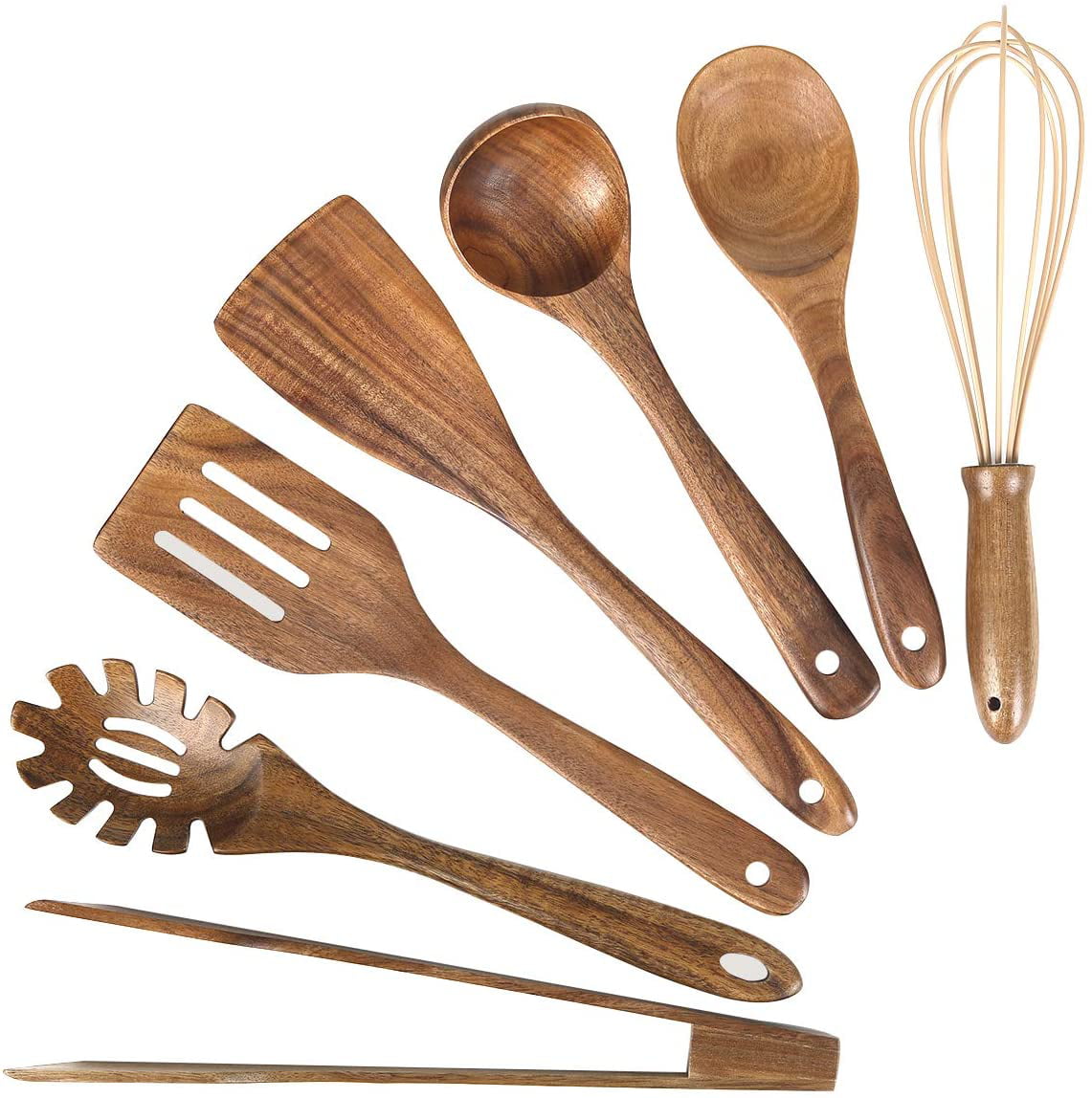 Wooden Utensils for Kitchen,6 Pack Wooden Spoons for Cooking Natural Teak Wood Spatula Draining Spoon Whisk and Salad Fork,Cooking Utensils Set 