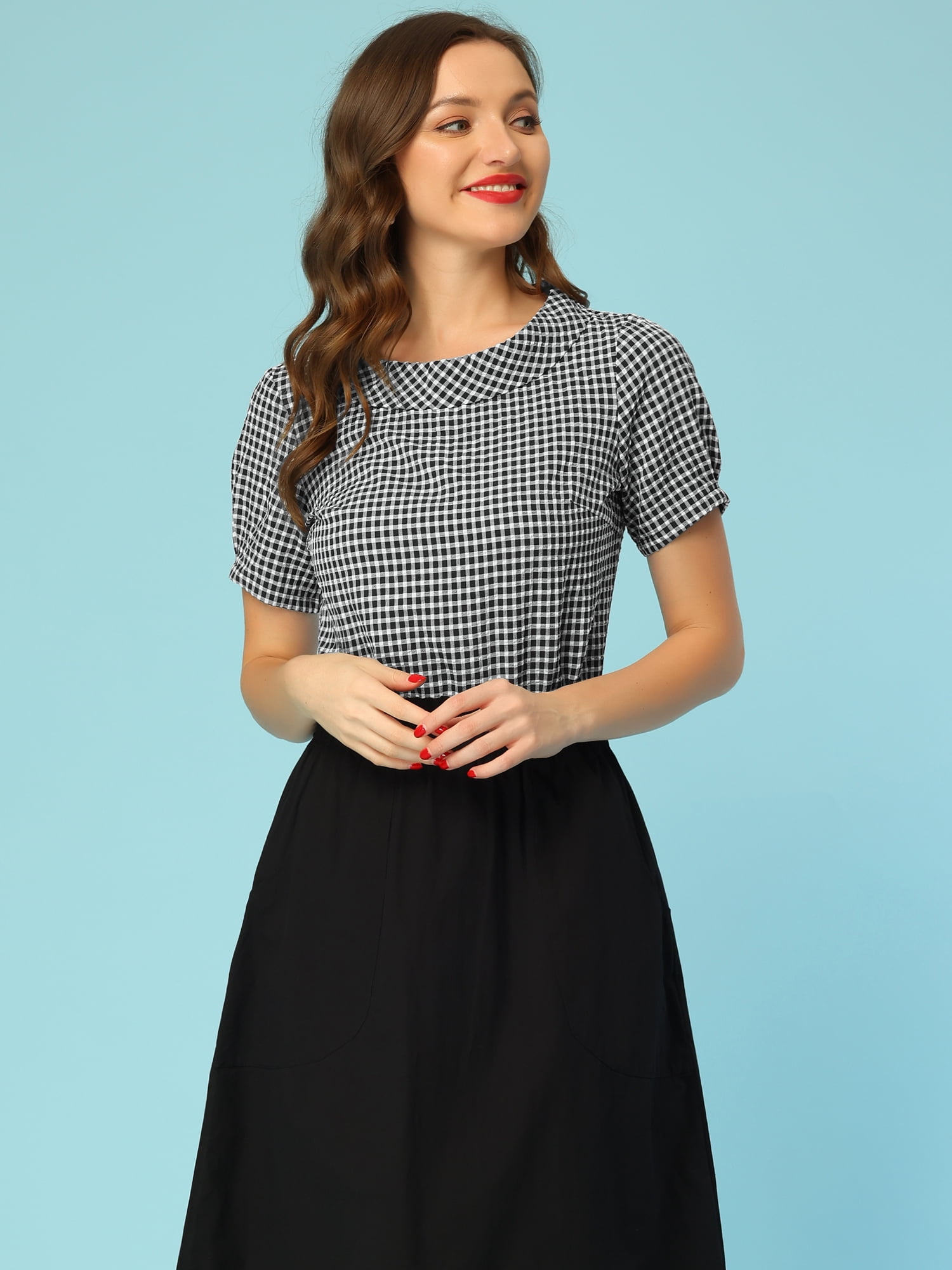DARING DIVA Short Sleeve Casual Checked Top L Black
