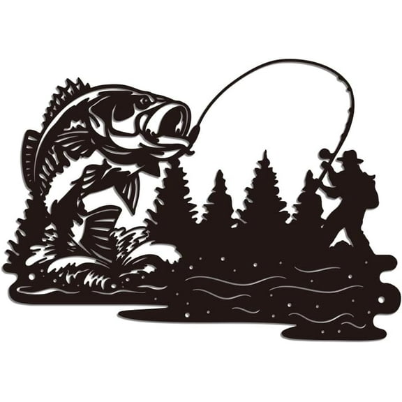 Go Fishing Iron Wall Art Decorations Black Metal Wall Art Decor Go Fishing Pattern Wall Sculptures for Home Kitchen Patio Fishing Shelter Bathroom Office Outdoor Indoor Decoration Iron