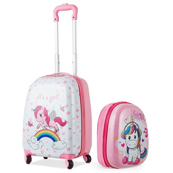 Costway 2 Pcs Kids Luggage Set 12” Backpack & 16” Kid Carry On Suitcase for Boys Girls Pink