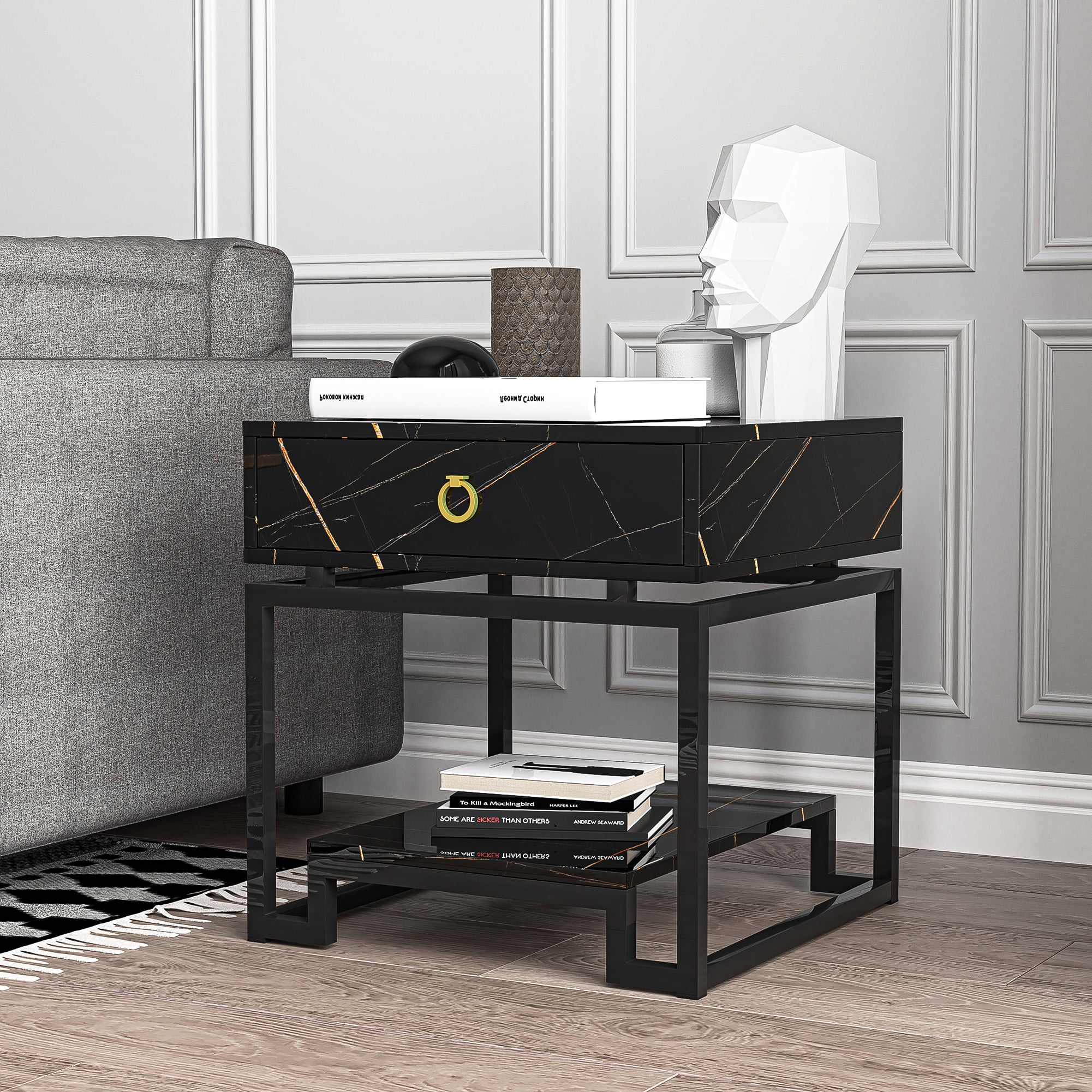 Resenkos Black Marble Nightstand for Bedroom with Golden Handle, Modern Drawers and Shelf Bedside Table Resenkos Black Marble Nightstand for Bedroom with Golden Handle, Modern Drawers and Shelf Bedside Table